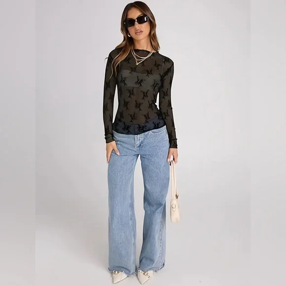 Black Sheer Lace Embroidered Mock Neck Mesh, Long Sleeve Floral Top - Picture 4 of 10